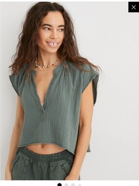 Aerie Pool-To-Party Oversized Cropped Shirt Size Small Green Top Beach Summer